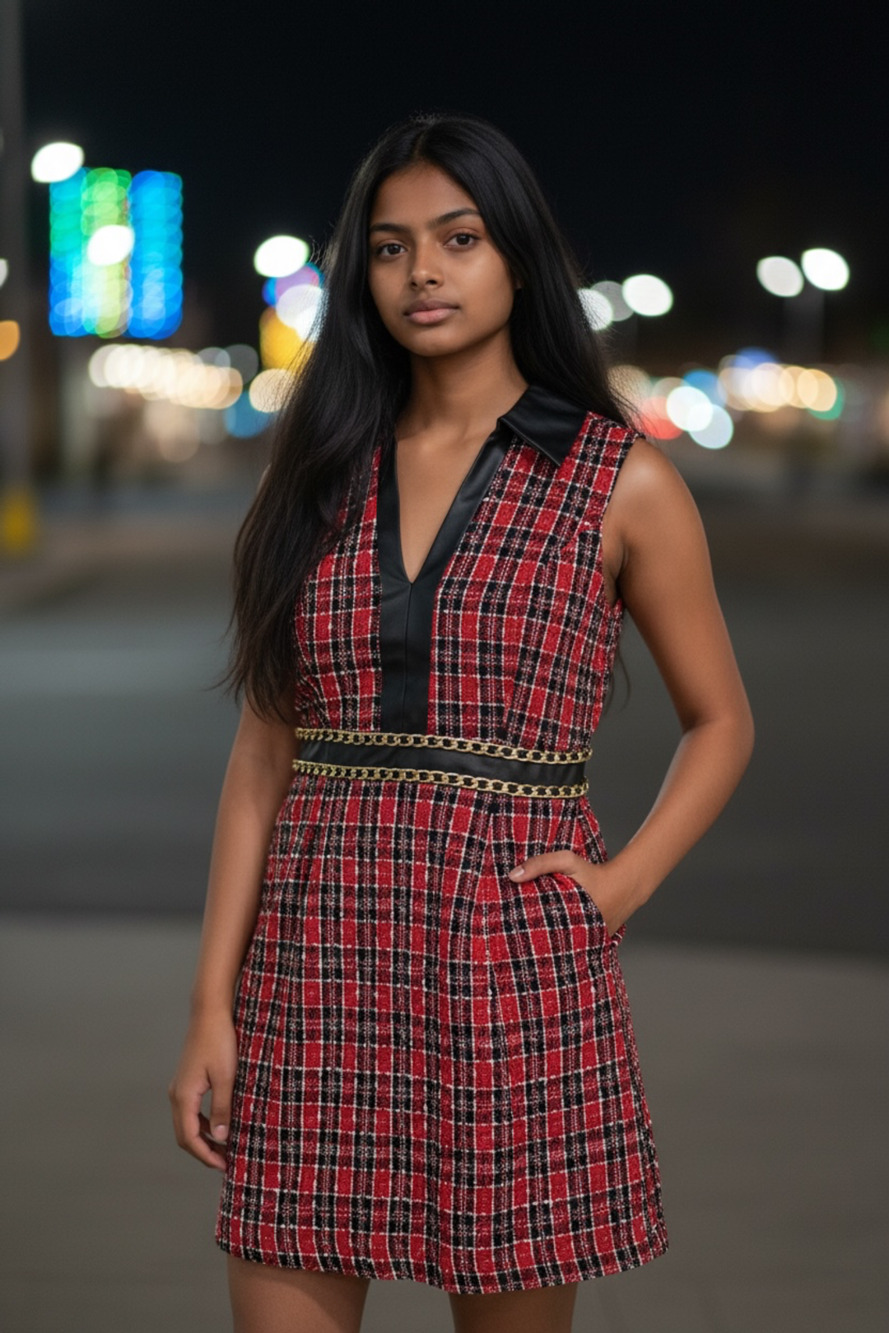 Venus Red and Black Tweed Mini Dress with Faux Leather Collar, Gold Chain Belt